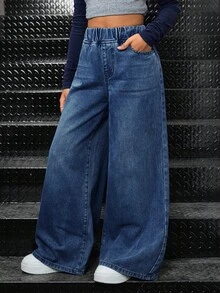 SHEIN 少女款松紧腰带口袋阔腿宽松休闲牛仔裤 - 深色水洗藍 - 查看 3