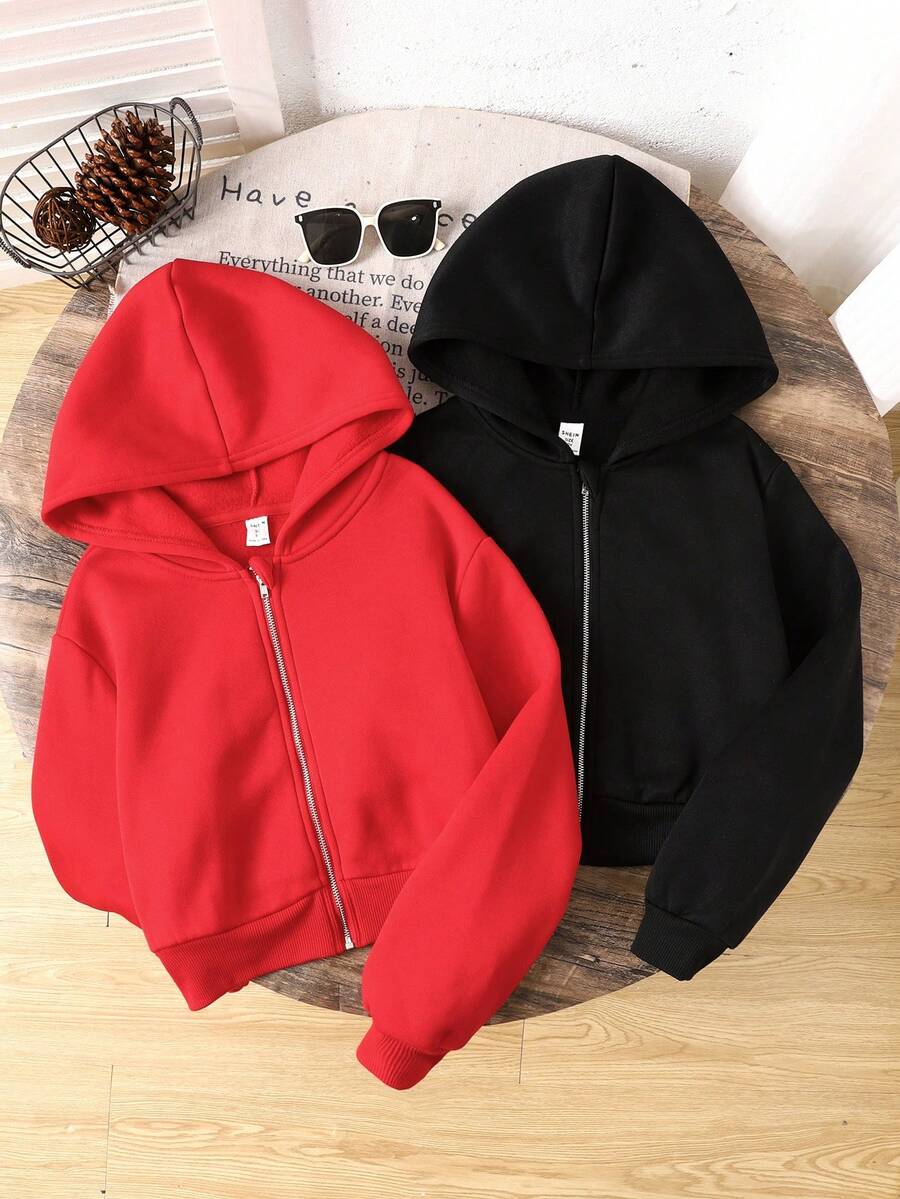 SHEIN 2件套少女宽松休闲连帽拉链长袖卫衣套装 - 紅色 - 查看 1