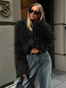 Aloruh Women's Fashionable Sexy Short Faux Fur Coat, Autumn/Winter,Women's Winter Clothes - Black - View 1