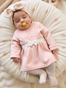 SHEIN Newborn Baby Girl Knitted Sweater Dress Set, Pink Casual Everyday Soft Girly Twist Rope Crochet Bow Decor Handmade Stylish + Knitted Pants, Comfortable For Autumn/Winter, Suitable For Home, Outings, Daycare, Newborns Winter Set Baby Girl Baby Girl Knitted Outfit Pink Warm Baby Girl Outfit Baby Set Autumn Winter Baby Winter Dress Pink Knitted Dress Baby Girl Baby Set Autumn Winter Season Pink Warm Baby Dress - Multicolor - View 3