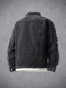 Manfinity Denimwave Veste en jean casual à manches longues pour hommes, style rappeur streetwear, unie en denim foncé avec blocs de couleurs, poches boutonnées devant, pour soirée - Noir - Voir 2
