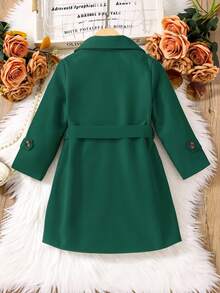 Sparklyn 女童简约双排扣中长款风衣，配腰带，春秋季时尚外套 - 墨綠色 - 查看 2