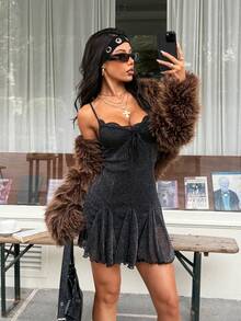 SHEIN EZwear 女款新款網紗亮片細肩帶迷你洋裝，派對、新年穿搭 - 黑色 - 查看 6