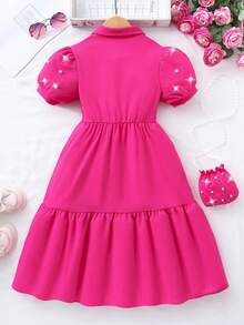 SHEIN Girls' Solid Color Collar Puff Sleeve Cardigan Summer Cute Dress With Small Bag Girls Spring Autumn French Style Dress