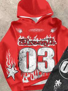 SHEIN 3 件套青少年男孩休闲简约连帽衫和喇叭裤套装，适合秋冬季，勇气，红色和黑色 - 彩色 - 查看 3