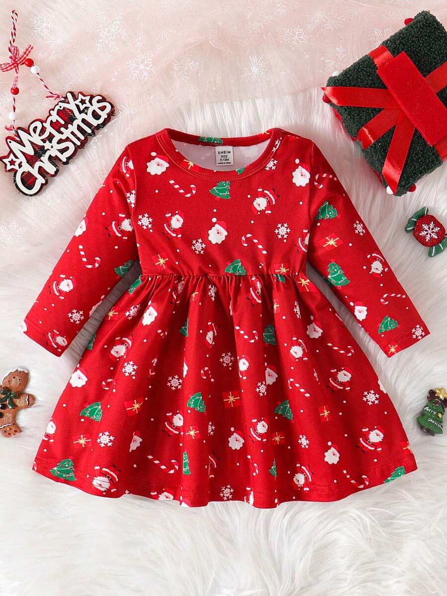 SHEIN Perso Play Conjunto de vacaciones cómodo y casual de manga larga con estampado de copos de nieve y Papá Noel para niña bebé - Burdeos - Ver 1