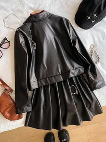 SHEIN Sparklyn 3件套少女时尚PU皮百褶裙套装 - 黑色 - 查看 2