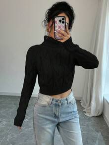 Elenzga 短款纯色高领休闲百搭长袖套头毛衣 - 黑色 - 查看 5
