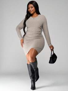 SHEIN PETITE CURVE Plus Size Long Sleeve Ruched Waist Elegant Ribbed Short Dress For Women/Christmas Dress - Black - View 5
