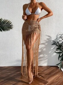 Swim Vcay 女士纯色镂空流苏下摆罩衫迷你裙，度假款 - 卡其色 - 查看 7