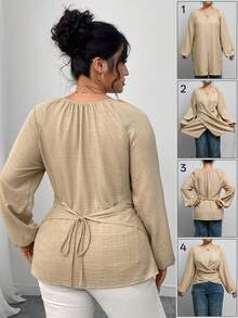 Elenzga Plus Size Women's Solid Color Keyhole Neck Raglan Sleeve Twist Front Fashion Blouse Fall Cloth For Women - Khaki - View 2