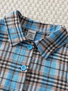 SHEIN 3件套女婴时尚别致套装：格子长袖衬衫+背带短款露脐上衣+喇叭牛仔裤休闲套装 - 藍色 - 查看 4