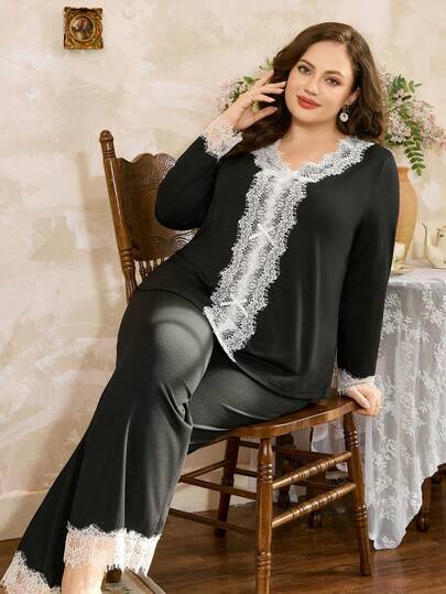 SHEIN Côtesoire Conjunto de pijama de manga larga y pantalones con parches de encaje de color contrastante y decoración de lazo, estilo francés Côtesoire, talla grande