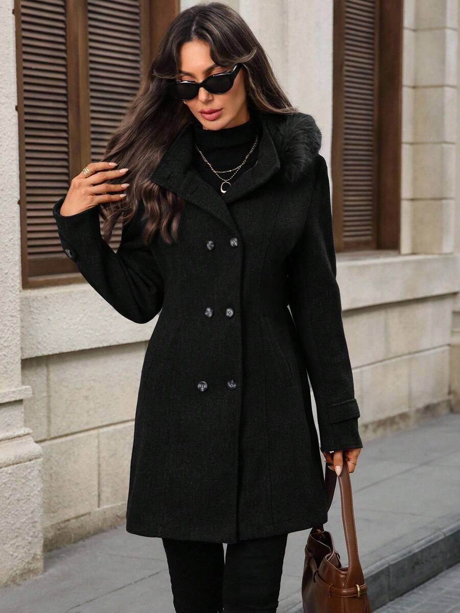 EMERY ROSE Women's Simple Black Hooded Long Sleeve Overcoat - Black - View 1