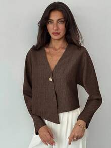 Women's Loose V-Neck Long Sleeve Fashionable Cropped Elegant Top - Coffee Brown - View 3