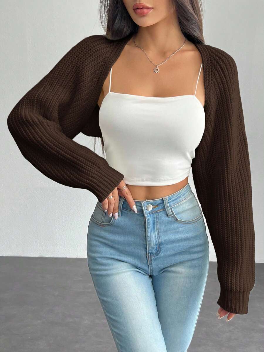 SHEIN PETITE Balletcore Ribbed Knit Raglan Sleeve Shrug Crop Cardigan Without Cami Top,Knitted Sweater In Fall/Winter - Coffee Brown - View 1