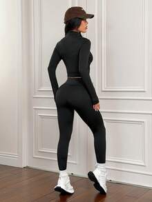SHEIN PETITE 女士运动套装三件套，罗纹高领半拉链长袖T恤，运动文胸吊带背心，高腰紧身裤，女士运动套装，黑色紧身裤，黑色束身胸衣，背带裤 - 黑色 - 查看 2
