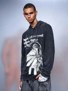 ROMWE MEN Black Jack X ROMWE Felpa con cappuccio da uomo con grafica retrò anime, adatta per autunno/inverno, top a maniche lunghe - nero - Visualizzare 5