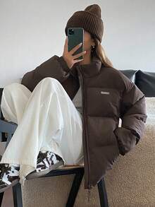 Livesso Women's Casual Letter Graphic Patch Loose Fit Stand Collar Padded Coat, Fashion Street Style, Autumn/Winter