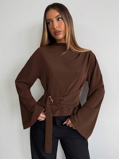 Aloruh Women's Coffee Color Bell Sleeve Shirt, Suitable For Daily Business Commute,Office Tops,Solid Color Shirt With Metal Buttons,Basic Tops,Old Money Style,Fall Clothes For Women,Brown Tops