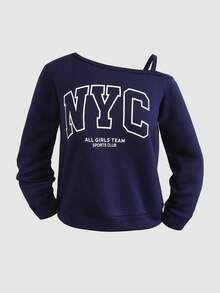 SHEIN 海军蓝露肩卫衣，印有纽约市图案和标语，适合青少年女孩，不对称领口设计，适合秋冬季穿着。Yk2 服装 1214 女童 58691112 海军蓝卫衣 女童 纽约卫衣 青少年服装 青少年女童卫衣 - 寶藍色 - 查看 3