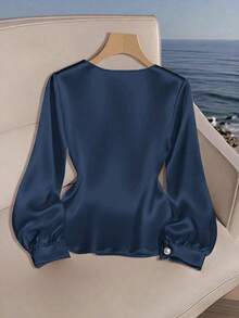 Franclia Áo sơ mi poplin thường ngày cho nữ, áo cánh cổ bất đối xứng - Màu xanh bụi bặm - Xem 2