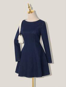 SHEIN MOD 女士休闲收腰牛仔连衣裙，带保暖内衬，冬季款 - 深色水洗藍 - 查看 3