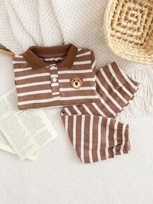 SHEIN Toddler Boys' Casual Comfortable Striped Polo Collar Loose Bear Top + Loose Striped Pants Polo Suit, Autumn/Winter - Brown - View 8