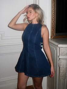 Turnttoni Women's Sexy Backless Mini Denim Dress, Fashion Casual - Blue - View 6