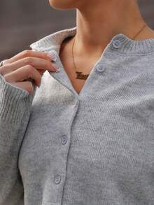 SAYEHFBABY Women's Solid Color Single-Breasted Casual Short Cardigan Grey Cardigan In Fall/Winter ,Petite Women - Grey - View 3