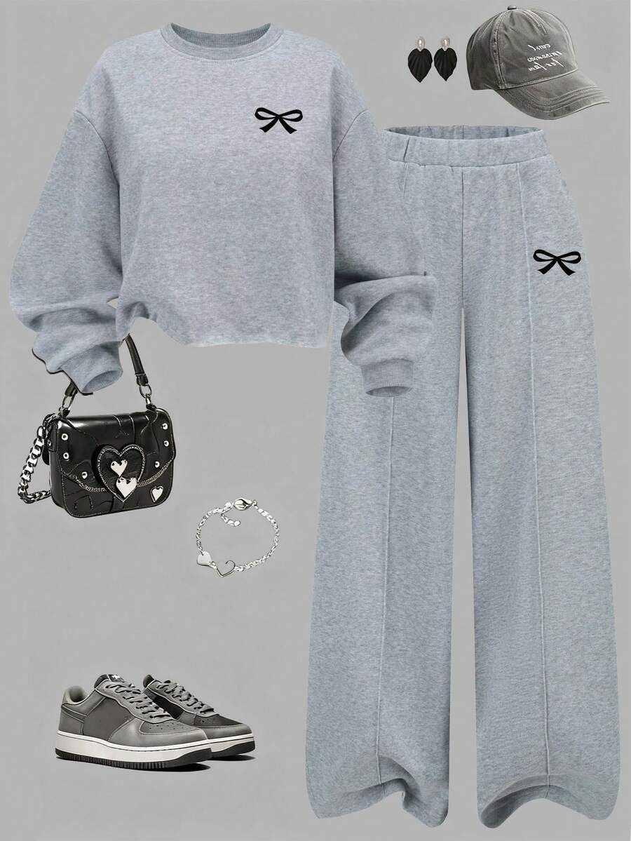 Sparklyn 2件套少女时尚蝴蝶镂空印花舒适保暖套装，圆领短款卫衣和运动裤 - 灰色 - 查看 1