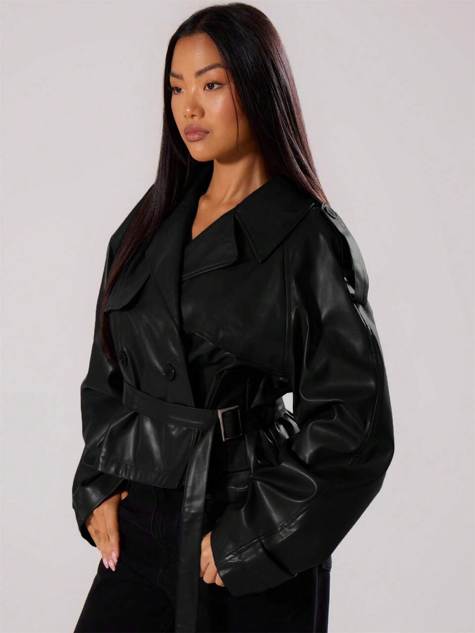PU Faux Leather Jacket Coat Tie Waist Cinched Pocket Detail Crop Trench Style Casual Everyday Winter Outerwear Spring Vacation