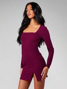 MISSGUIDED Square Neck Long Sleeve Bodycon Mini Dress With Side Slit Detail For Night And Party Occasions Christmas - Burgundy - View 3