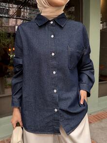 DAZY 女士休闲水洗牛仔长袖衬衫 - 深色水洗藍 - 查看 5