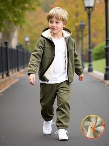 2 Stück/Set Jungen Lässig Outfit, beinhaltet thermisch gefütterte Kapuzenjacke und Hose, geeignet für Herbst und Winter, Alltag, Outdoor und Sport, thermisch gefüttert