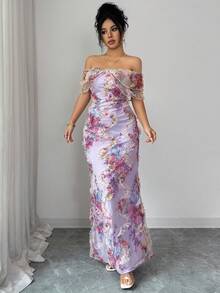 Elenzga Elegant Romantic Ruffle Off Shoulder Fitted Bodycon Dress With 3D Floral Mesh Fabric - Multicolor - View 3