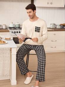 CoupledUp 格子长袖男士圆领睡衣套装，格子睡衣情侣套装，家居服，情侣咖啡色睡衣，冬季服装 - 杏色 - 查看 5