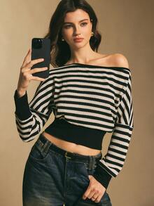 Poéselle Tricou damă cu mânecă lungă, croit, casual, cu umeri asimetrici, cu dungi, la modă