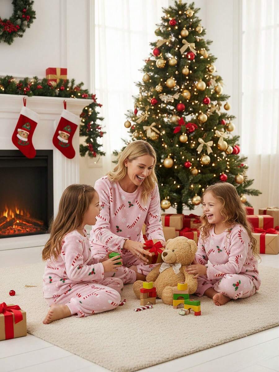 2pcs/Set Young Girls' Christmas Candy Cane Print Fleece Pajamas,Soft&Comfortable Pullover Sleepwear Pink Holiday Autumn Family Matching Fall Winter - Pink - View 1