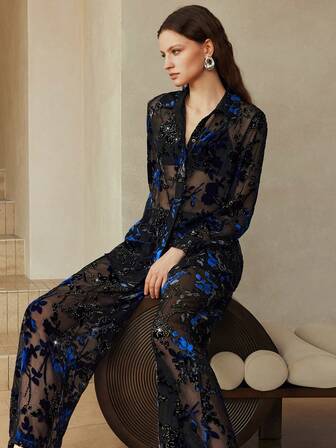 Arave Dam vävd flockad flockad skjortkrage med raglankrage, långärmad knappdekoration och raka byxor, 2 delar, vardagskostym