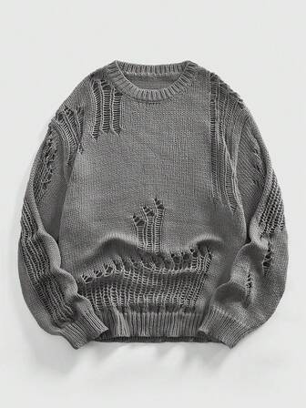 Grunge Punk Pull décontracté à col ras-du-cou, manches longues, couleur unie, effet délavé, pour homme. Automne/Hiver