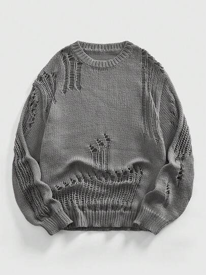 Grunge Punk Men's Solid Color Crew Neck Long Sleeve Punk Casual Distressed Sweater, Autumn/Winter