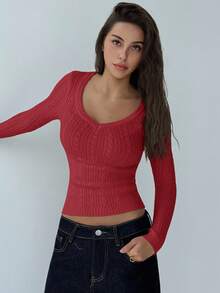 Aloruh Áo len chui đầu cổ chữ V sâu tay dài kiểu dáng mới, thiết kế tối giản, áo khoác ngoài đa năng cho mùa thu/đông - Đỏ - Xem 6