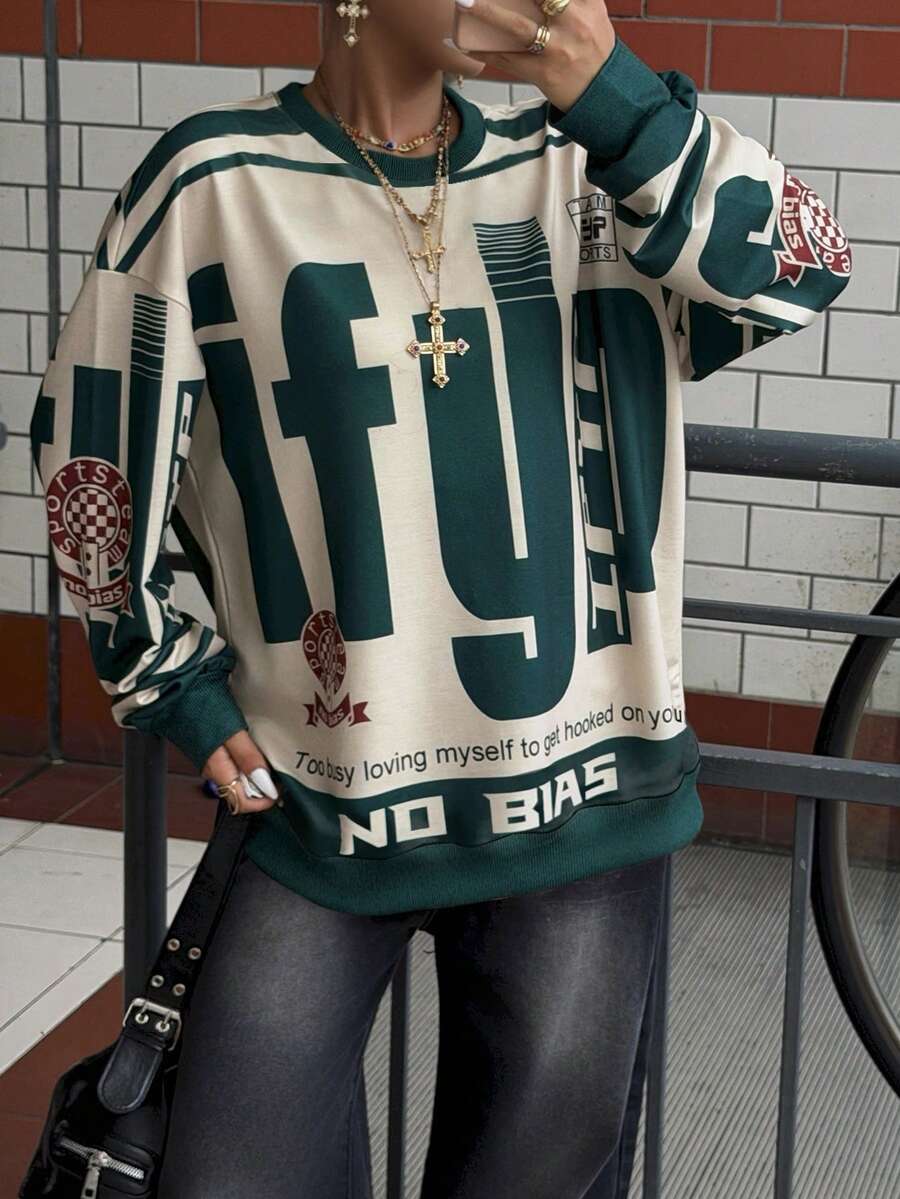 INAWLY Women's Fashionable Full Print Raglan Crew Neck Sweatshirt - Multicolor - View 1