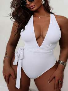 Swim Lushoire Criss Cross Plunge One Piece Swimwear - White - View 5