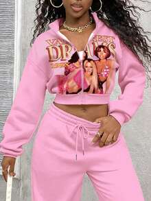 Rovax Women's Printed Long Sleeve Cropped Zip-Up Sweatshirt - Pink - View 4