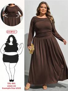 SHEIN CURVE+ 大码长裙，秋冬长袖连衣裙，弹力舒适连衣裙，优雅女士连衣裙，婚礼宾客连衣裙 - 棕色 - 查看 7