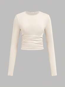 SHEIN Girlism 3件套少女纯色圆领褶皱长袖T恤紧身衣3件装青少年紧身长袖上衣紧身衣 - 彩色 - 查看 3