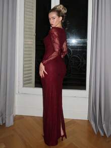 Turnttoni Women's Autumn/Winter New Party/Date Night/Evening Sexy S-Shape Lace Long Sleeve Bustier Corset Style Crew Neck Bodycon Maxi Dress, Black