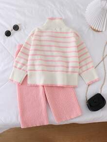 少女厚针织高领毛衣和裤子套装，秋冬 - 淺粉色 - 查看 2